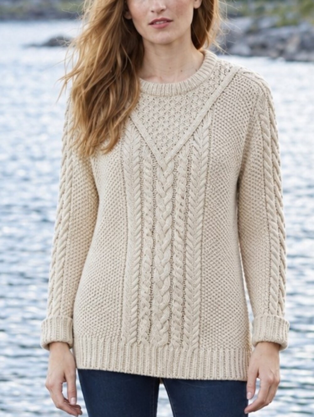 L.L. Bean Signature Fisherman Cotton Aran Cable Knit Tunic Sweater XL Cream